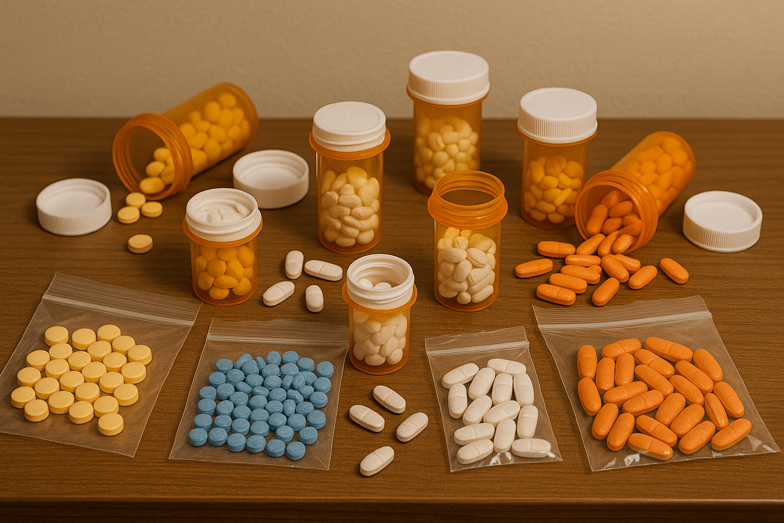 numerous prescription pills in bottles and small bags