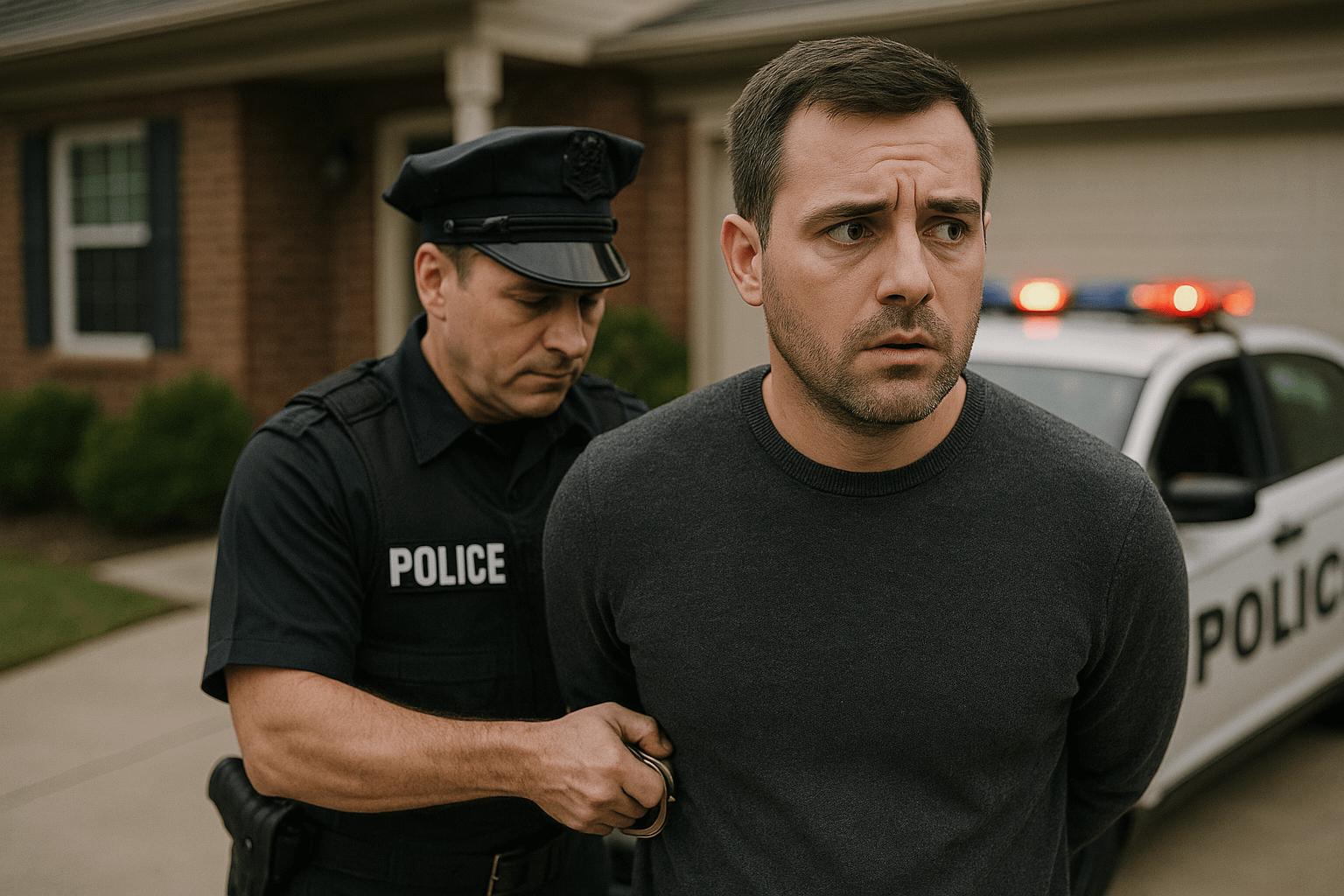 A man is being arrested outside of his home. He looks around anxiously while a police officer places him in handcuffs