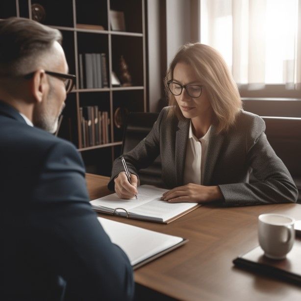 Man in suit speaking to a divorce lawyer, who is taking notes