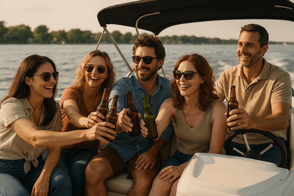 A group of friends, including the boat's operator, drink beers on a speedboat