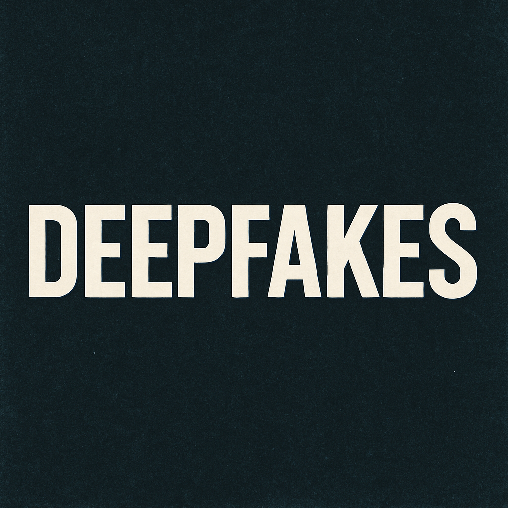 the word "deepfakes" appears in an ecru font over a black background