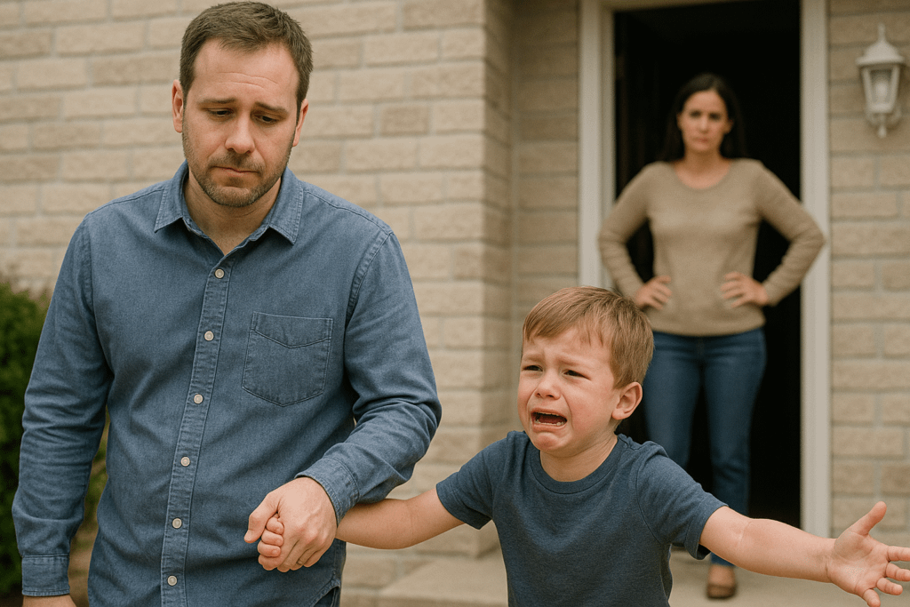 A heartbroken father walks away with his crying child