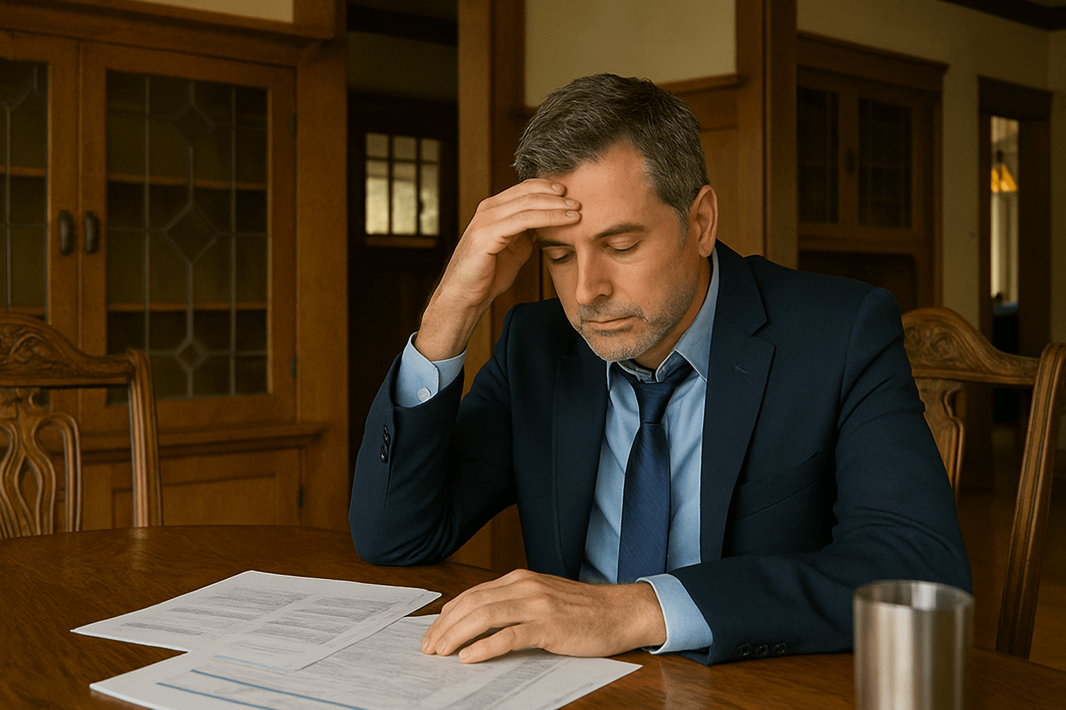A middle-aged man in a navy suit sits at a wooden dining table in a Craftsman-style home, reviewing financial documents with a tired expression and one hand resting on his forehead.