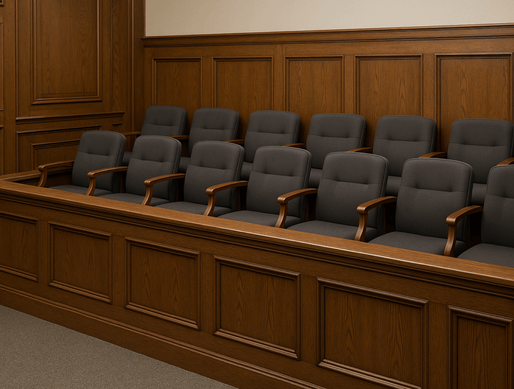 a wooden jury box with black chairs