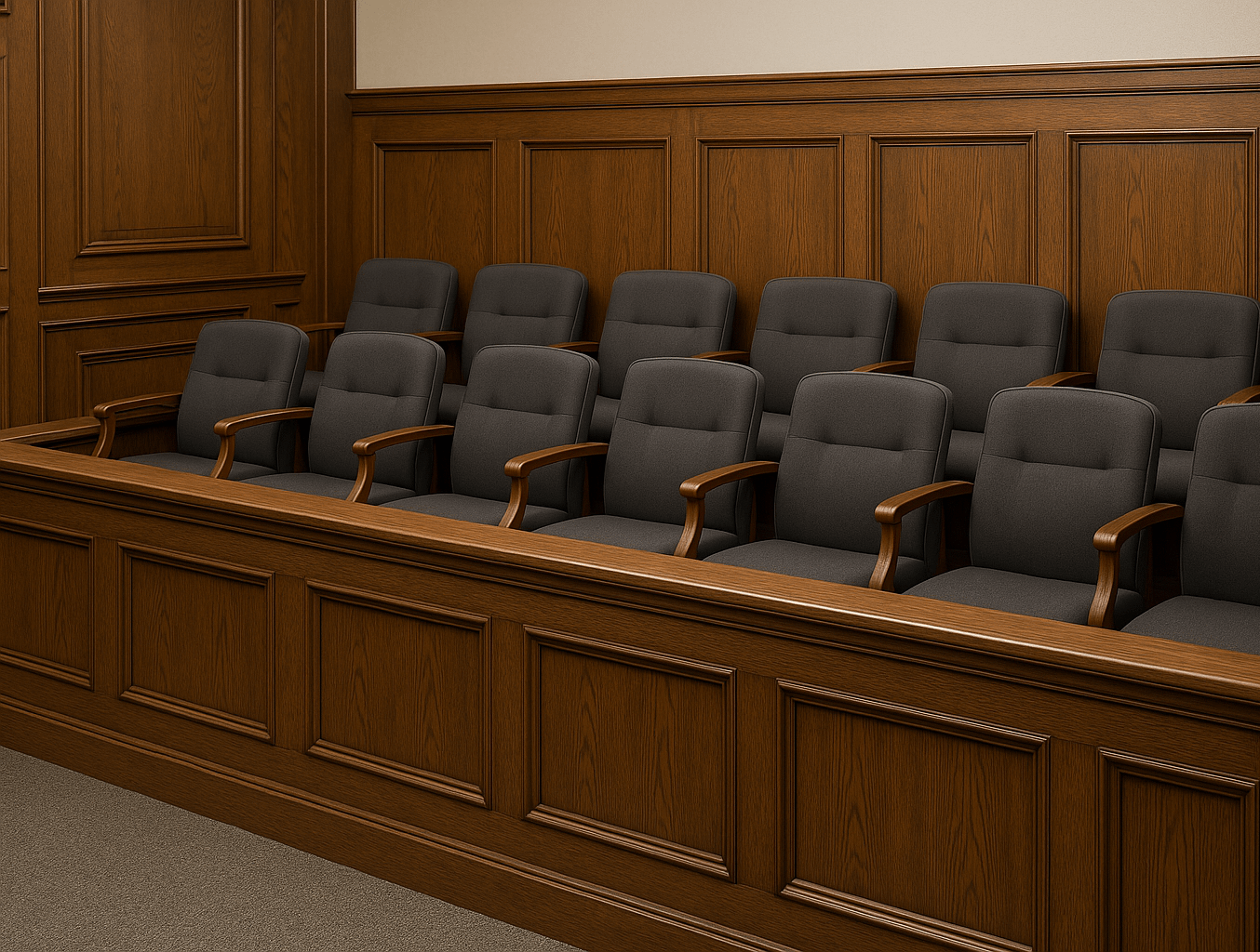 a wooden jury box with black chairs