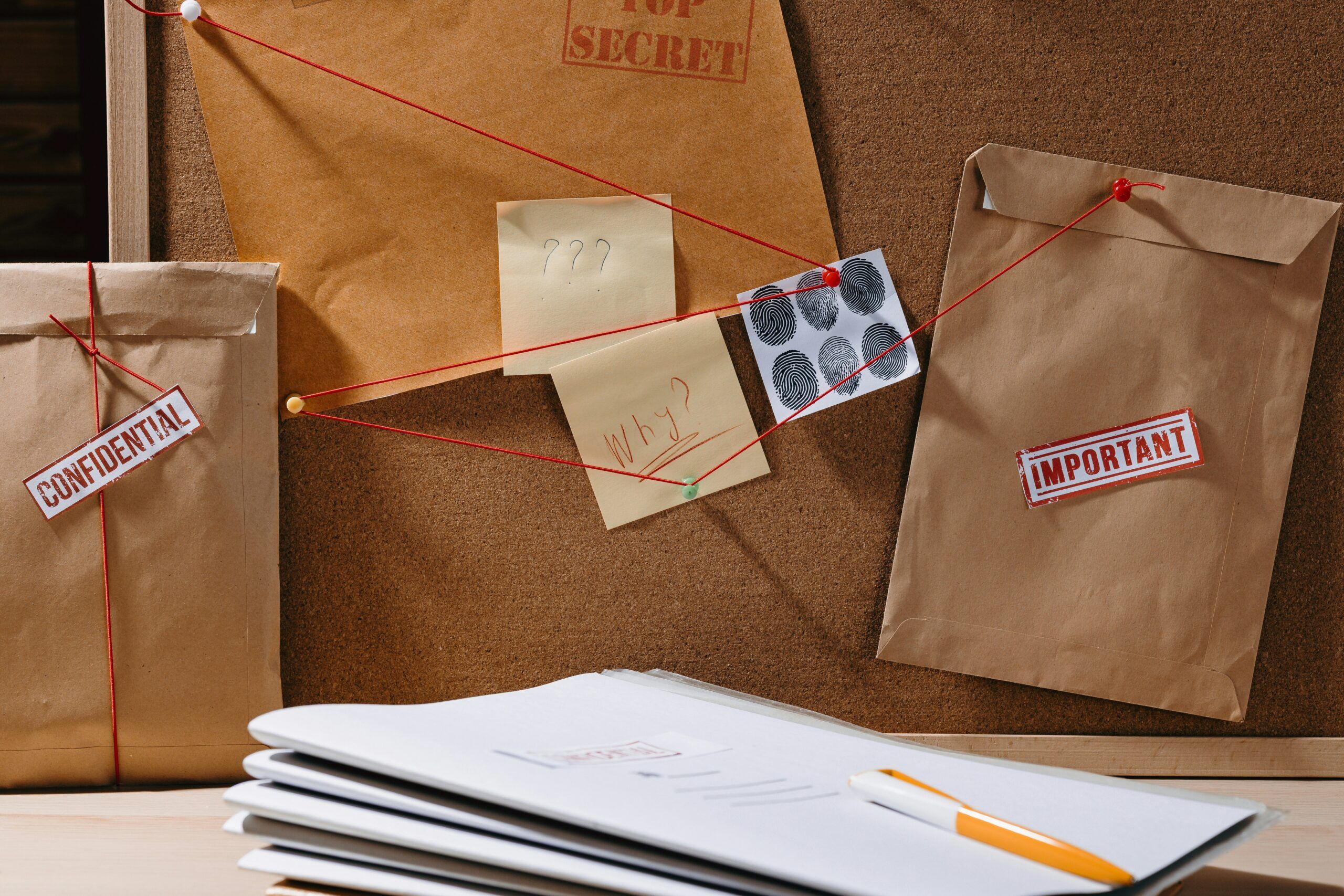 A wall-sized investigation board displaying brown evidence envelopes labeled “CONFIDENTIAL,” “TOP SECRET,” and “IMPORTANT,” connected by red string to sticky notes with question marks and a sheet of black fingerprint samples, alongside a stack of case files and a pen on the desk in the foreground.