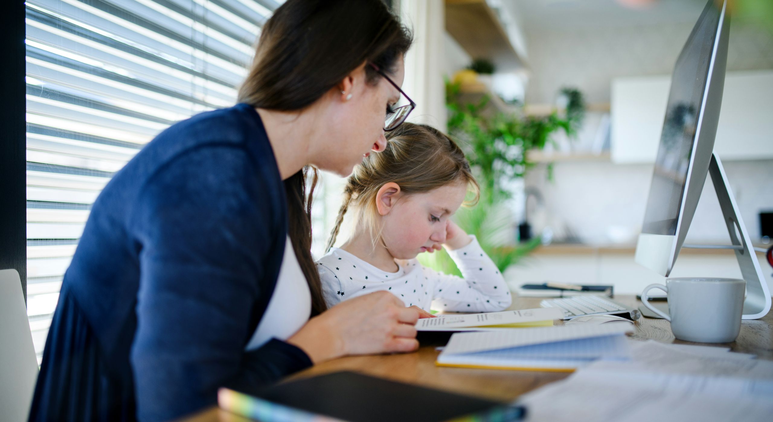 A woman and a child are seated at a desk, working together on a computer.