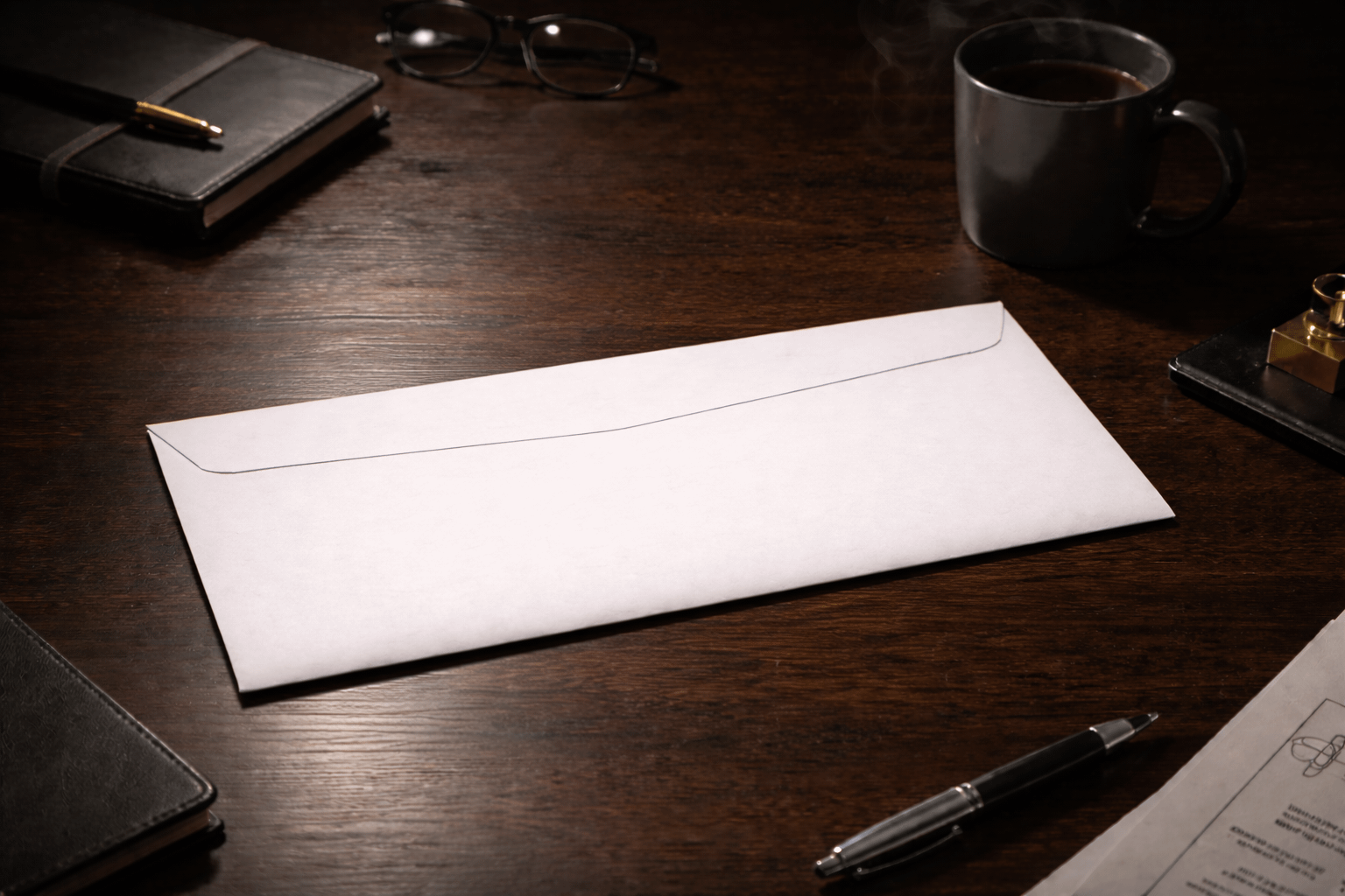A while envelope, standard size, sits on a desk made of dark wood. You cannot see who the envelope is addressed to.